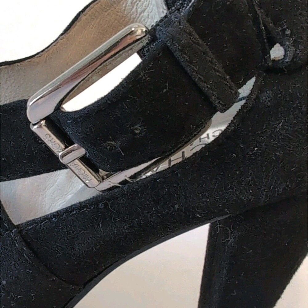 Michael Kors Black Suede Strappy Peep Toe Ankle Strap Block Heels Sz 7M - Picture 8 of 9